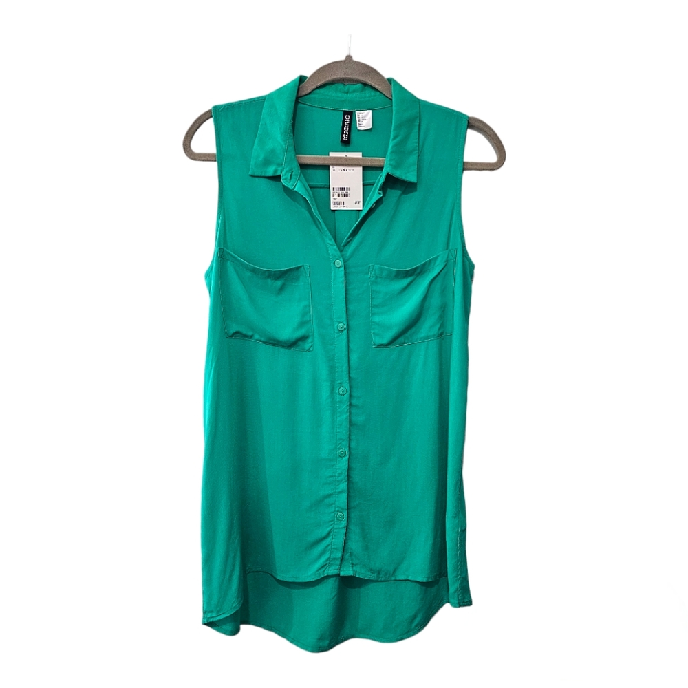New H&M Green Sleeveless Button Down Shirt Sz 6